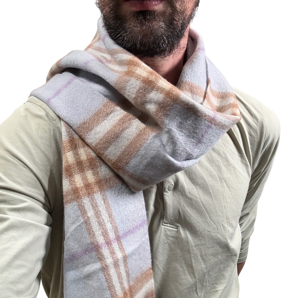 Burberrys of London Lambswool Scarf Classic Check‎ Blue Camel Purple 62 x 11.5in